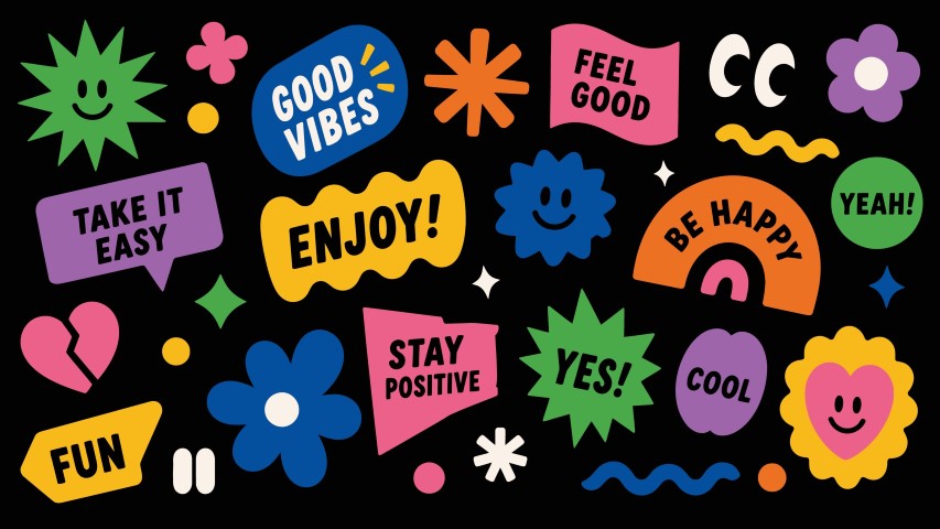 Assorted groovy retro stickers with positive mood and slogans.